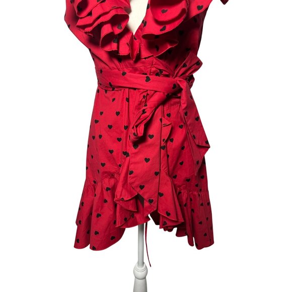 TARA SUBKOFF for Bebe Red Heart Print Ruffle Wrap Dress Size Small - Picture 5 of 7